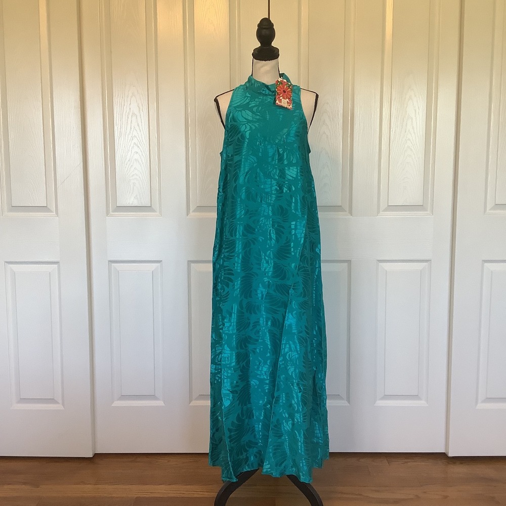 Farm Rio Anthropologie Pool Blue Tropical Leaf Jacquard Maxi Dress Size M NWT